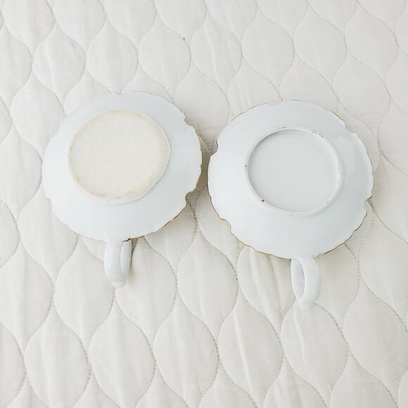 Vintage Candle Stick Holder Set White Porcelain Handled 2 PC Set Gold Trim MCM - Picture 5 of 12